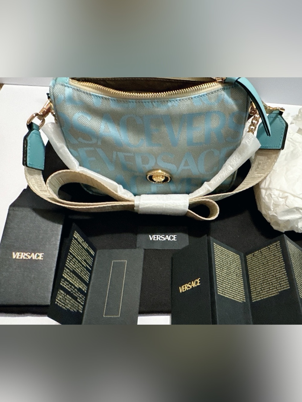 Versace Aqua and Beige Logo Crossbody Bag with Gold Medallion